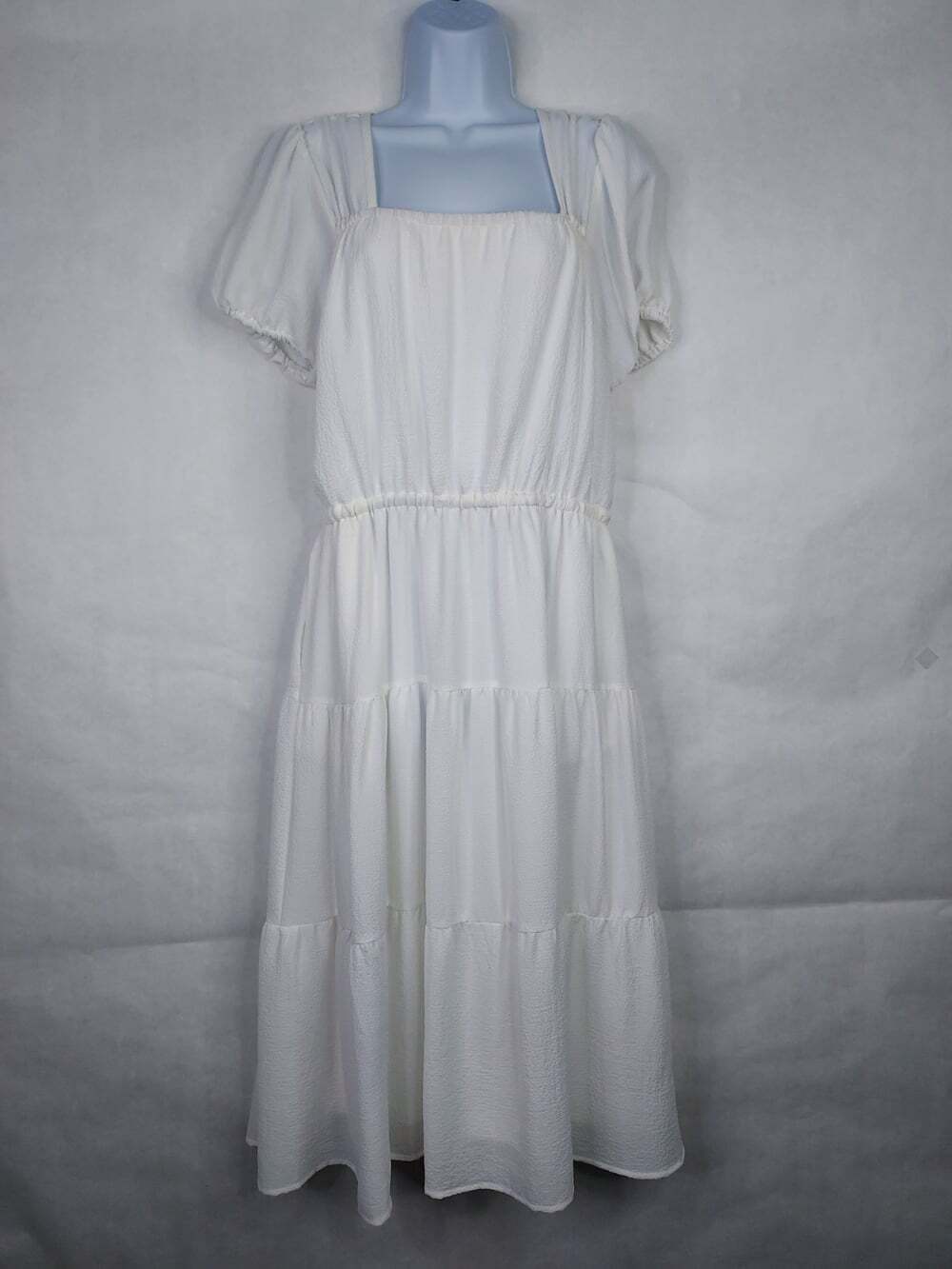Dex Maxi Tiered Milkmaid Dress S White Lined Puff Sleeve Peasant Cottage Coastal